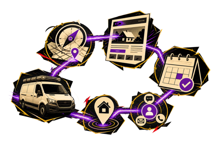 A service van moving from local search and a service page to scheduling and follow-up.
