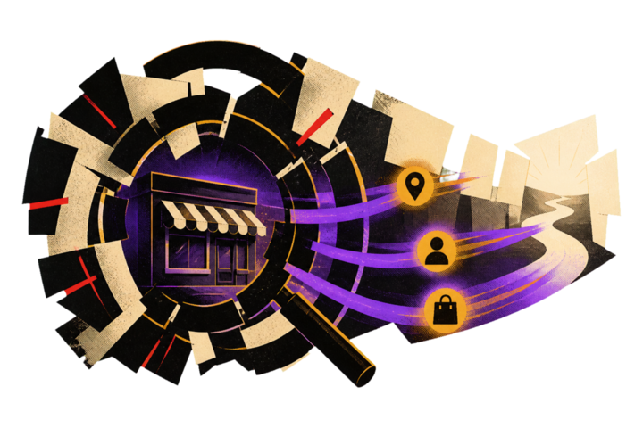 A small-business storefront hidden behind broken discovery rings while customer-intent signals pass toward a clearer route.