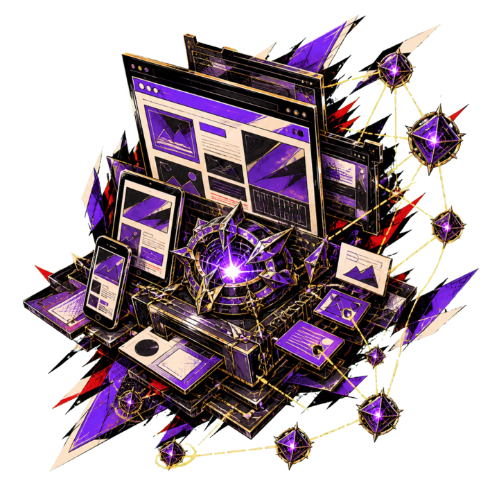 Website Forge illustration connecting responsive website layouts and devices around a violet delivery core